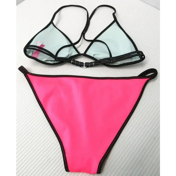 Victoria's Secret Swim Racerback Bikini Top and Strapy Bottoms Black White Pink - Picture 4 of 7